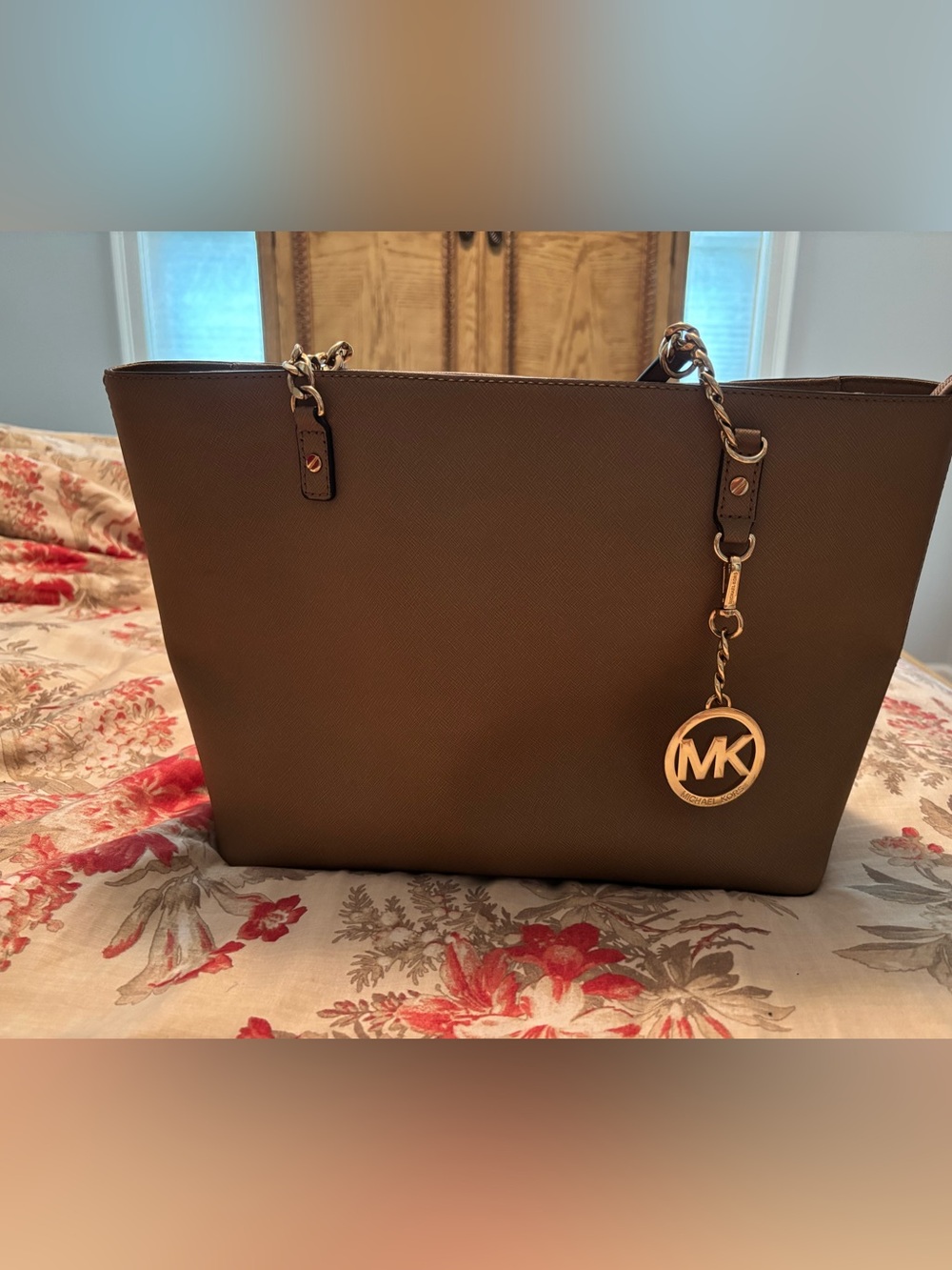 Michael Kors Light Brown Leather Tote with Gold MK Charm